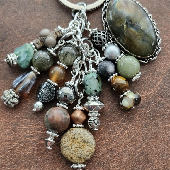 925 over Brass Stone Purse Charm or Keychain Handcrafted Jasper Agate Glass - Picture 3 of 8